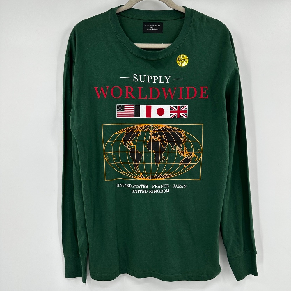 Cotton On T-Bar Mens Green Supply Worldwide Graphic Long Sleeve Tee Medium Flags